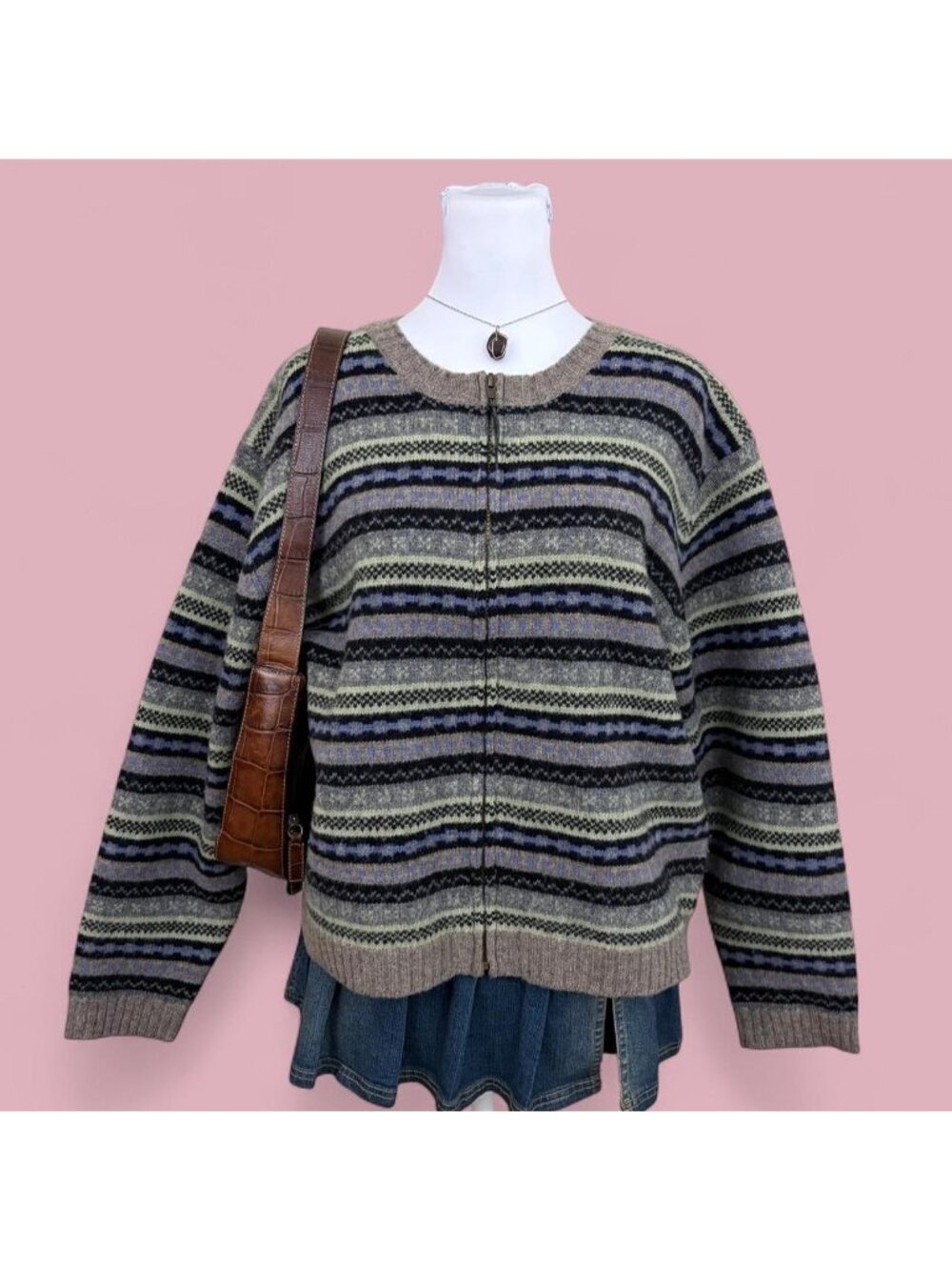 90s wool striped cottagecore zip cardigan